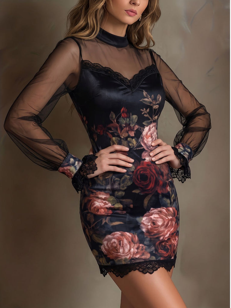 60er Minikleid mit Rosen-Print und transparenten Ballonärmeln