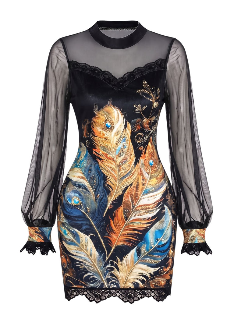 60er Minikleid mit Rosen-Print und transparenten Ballonärmeln