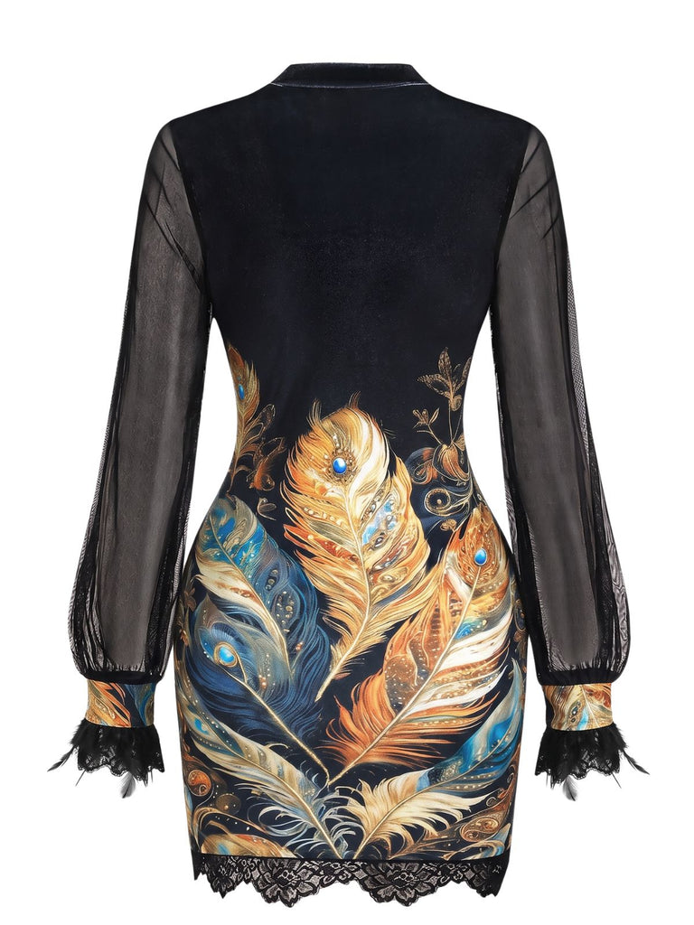 60er Minikleid mit Rosen-Print und transparenten Ballonärmeln