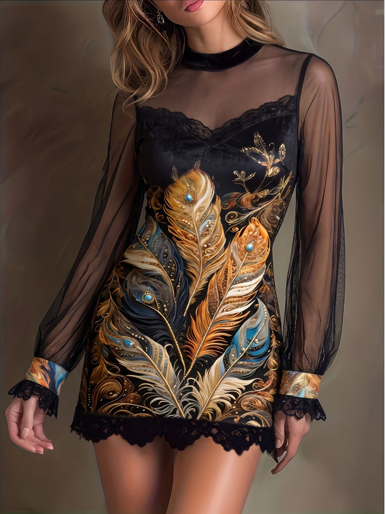 60er Minikleid mit Rosen-Print und transparenten Ballonärmeln
