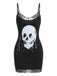 Schwarzes 60er Gothic-Camikleid mit Totenkopf-Print und Spitze