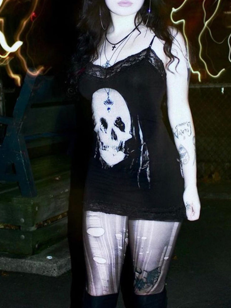 Schwarzes 60er Gothic-Camikleid mit Totenkopf-Print und Spitze
