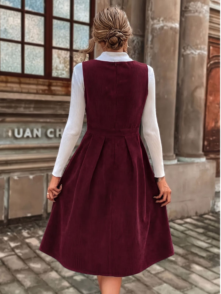 Bordeauxrotes 50er Cord-Pinaforekleid mit tiefem V-Ausschnitt