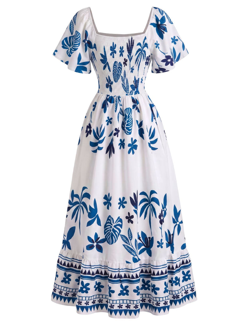 70er Boho Kleid mit Flatterärmel und Eckiger Ausschnitt