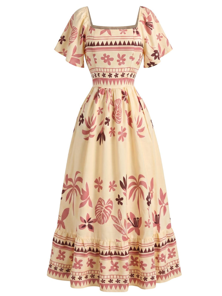 70er Boho Kleid mit Flatterärmel und Eckiger Ausschnitt