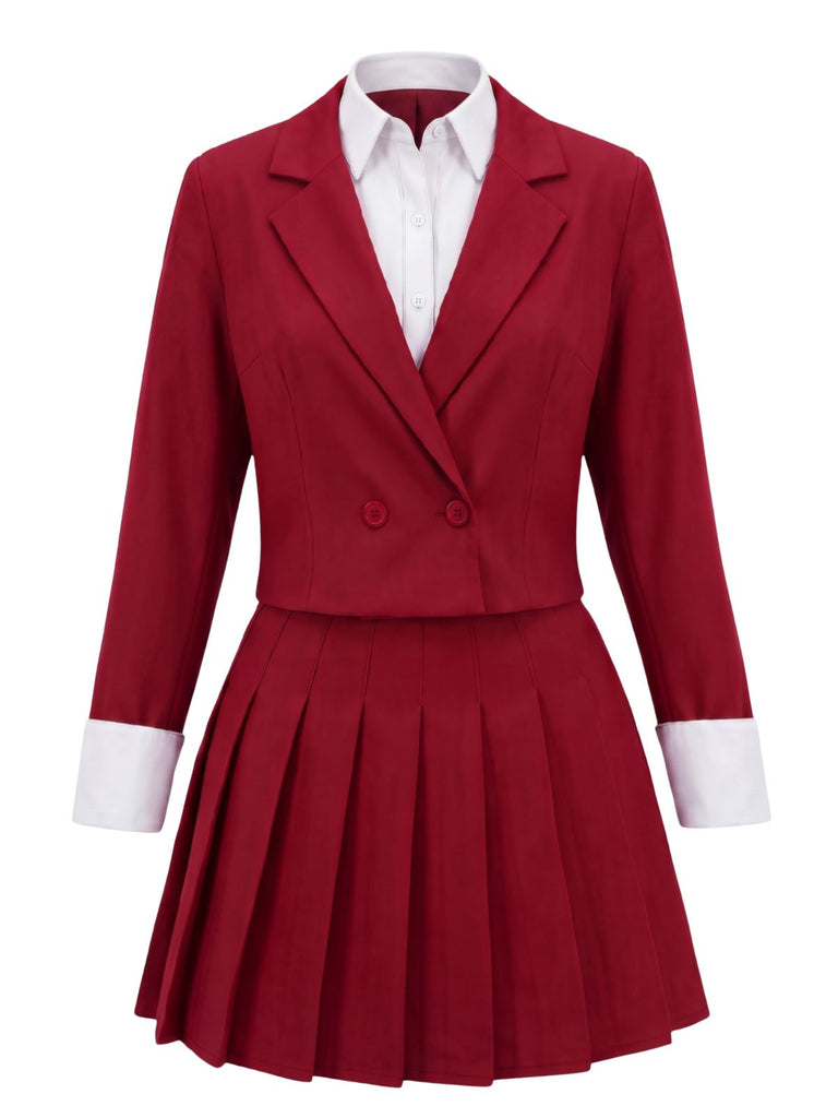 Rotes 60er Blazer- & Plisseerock-Set mit Kontrastkragen