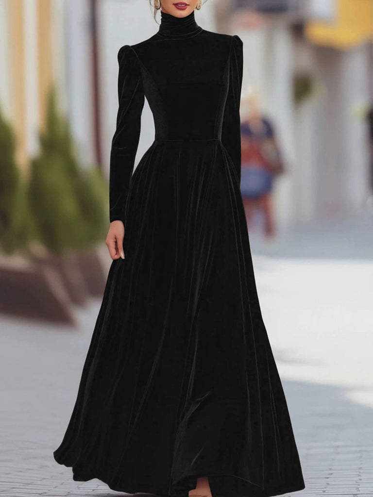 40er Langarm-Samtkleid mit Rollkragen
