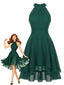 40er Chiffon-Neckholderkleid mit asymmetrischem Rüschensaum
