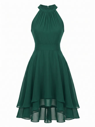 40er Ärmelloses Chiffon-Kleid mit Neckholder und Rüschen
