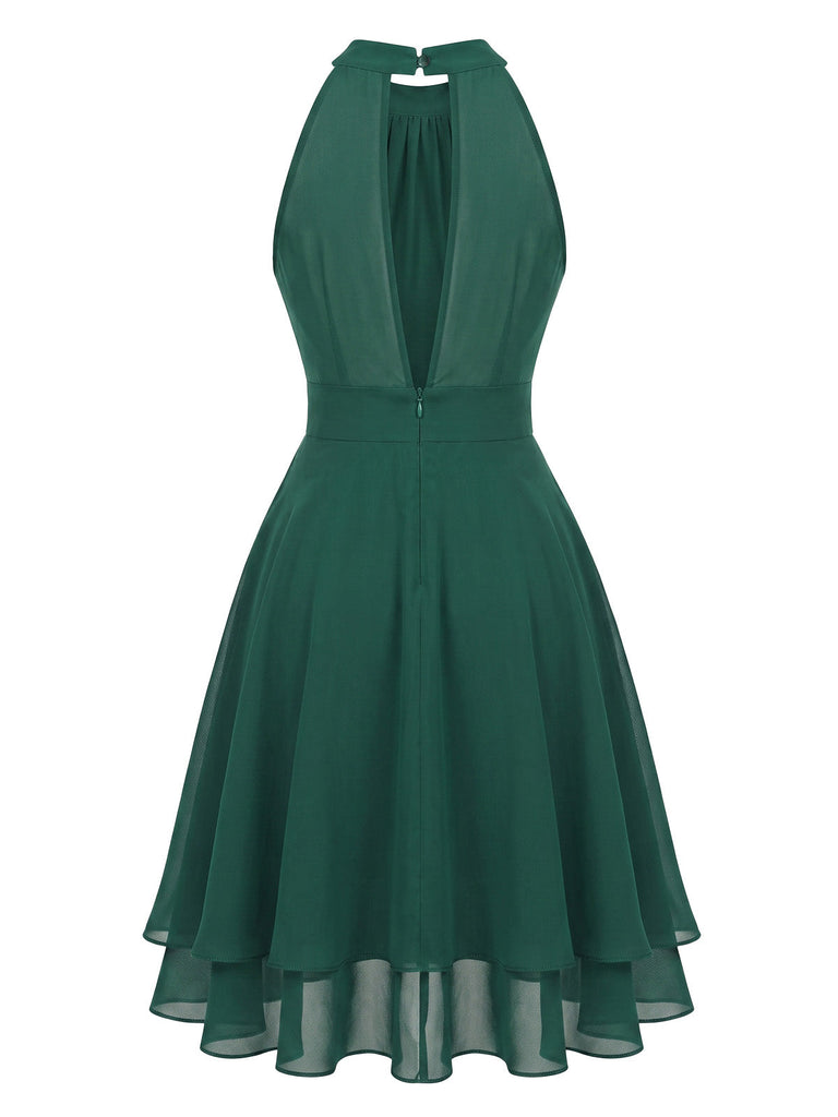 40er Ärmelloses Chiffon-Kleid mit Neckholder und Rüschen