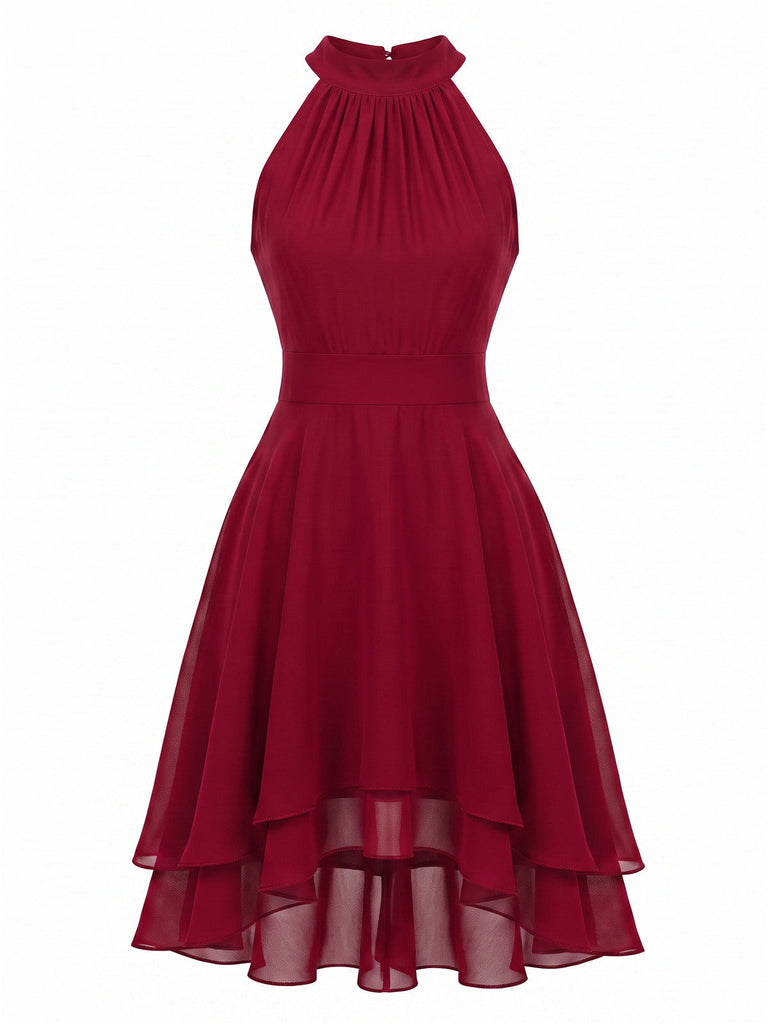 40er Ärmelloses Chiffon-Kleid mit Neckholder und Rüschen