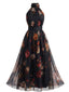 Schwarzes 40er Neckholder-Maxikleid mit Blumen-Print und Tüll