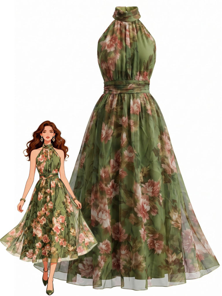 40er Maxikleid mit Neckholder und Blumen