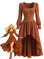 Braunes 70er Kleid mit Karree-Ausschnitt und High-Low-Saum