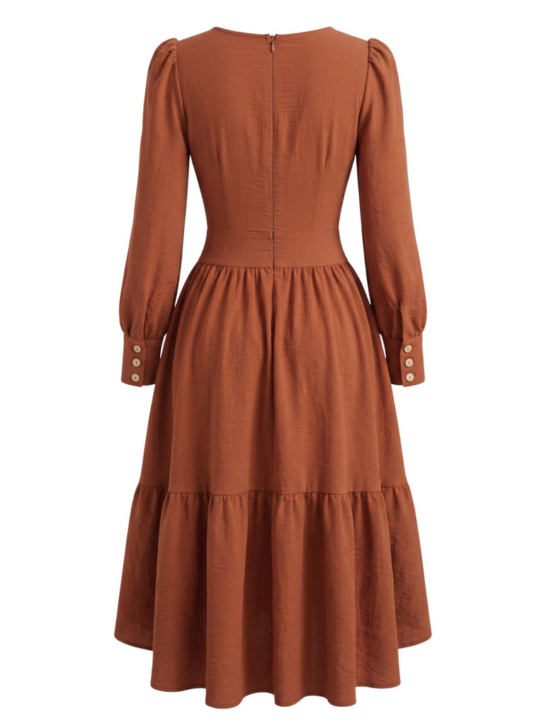 Braunes 70er Kleid mit Eckiger Ausschnitt und High-Low