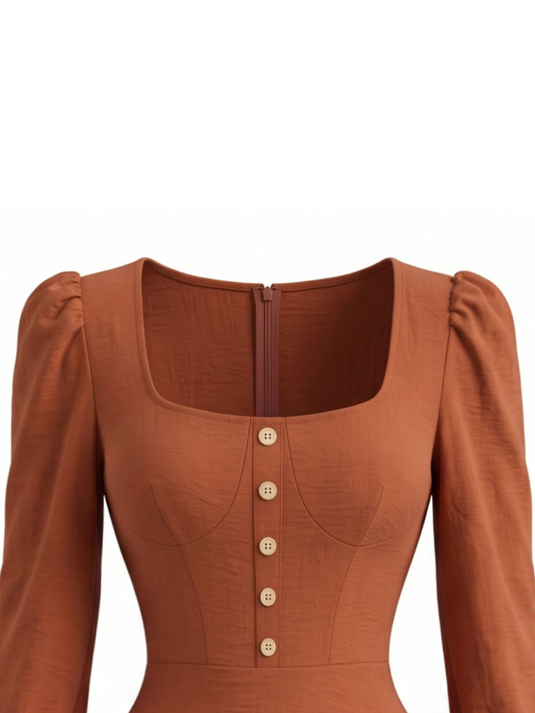 Braunes 70er Kleid mit Eckiger Ausschnitt und High-Low