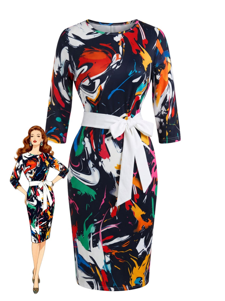 Mehrfarbiges 60er Bleistiftkleid mit abstraktem Print und Gürtel