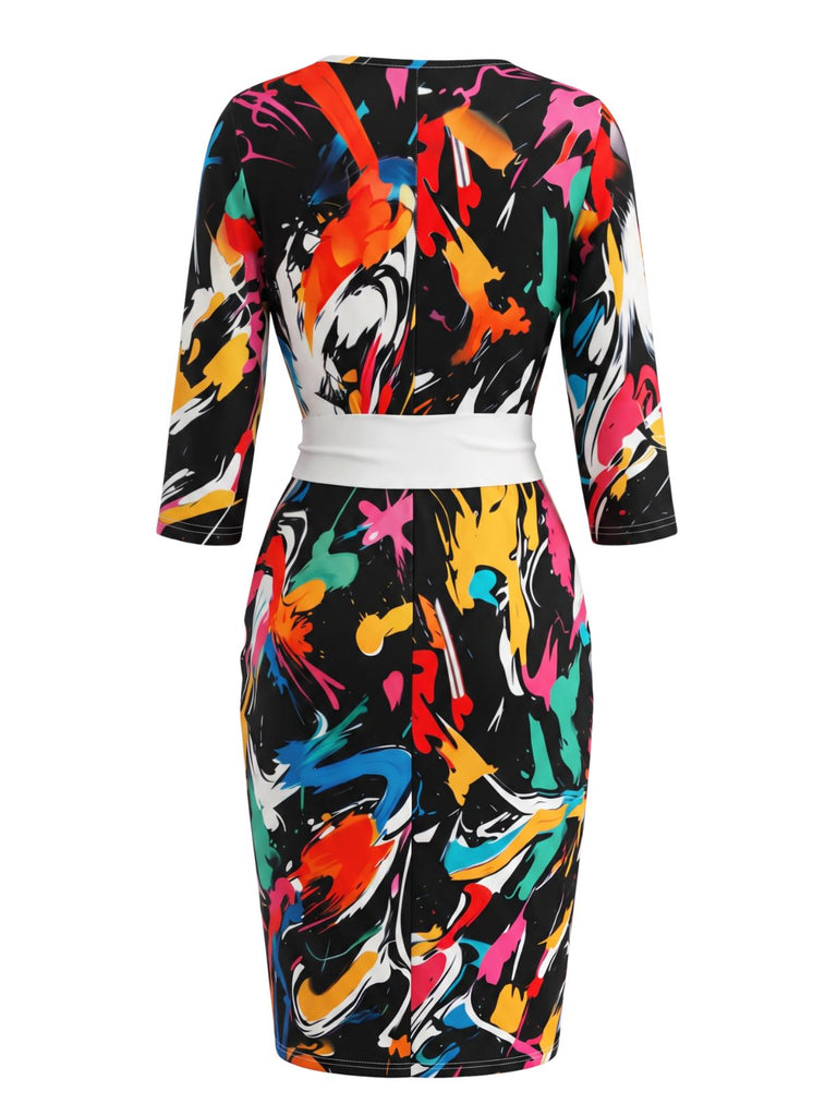 Mehrfarbiges 60er Bleistiftkleid mit abstraktem Print und Gürtel