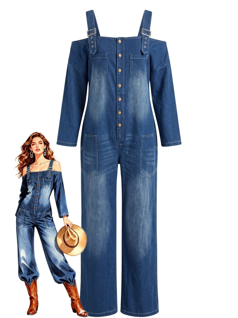 Blauer 40er Denim-Jumpsuit mit Carmen-Ausschnitt und Taschen
