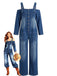 Blauer 40er Denim-Jumpsuit mit Carmen-Ausschnitt und Taschen