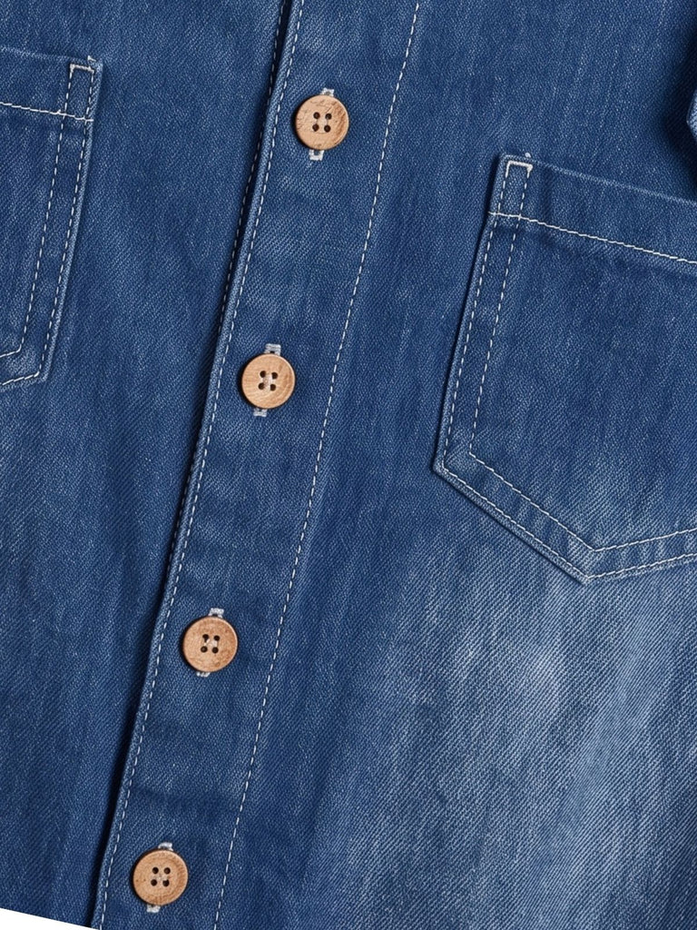 Blauer 40er Denim-Jumpsuit mit Carmen-Ausschnitt und Taschen