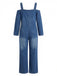Blauer 40er Denim-Jumpsuit mit Carmen-Ausschnitt und Taschen