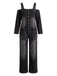Blauer 40er Denim-Jumpsuit mit Carmen-Ausschnitt und Taschen