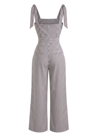 Grauer 40er Streifen-Jumpsuit mit Bindeträgern und weitem Bein