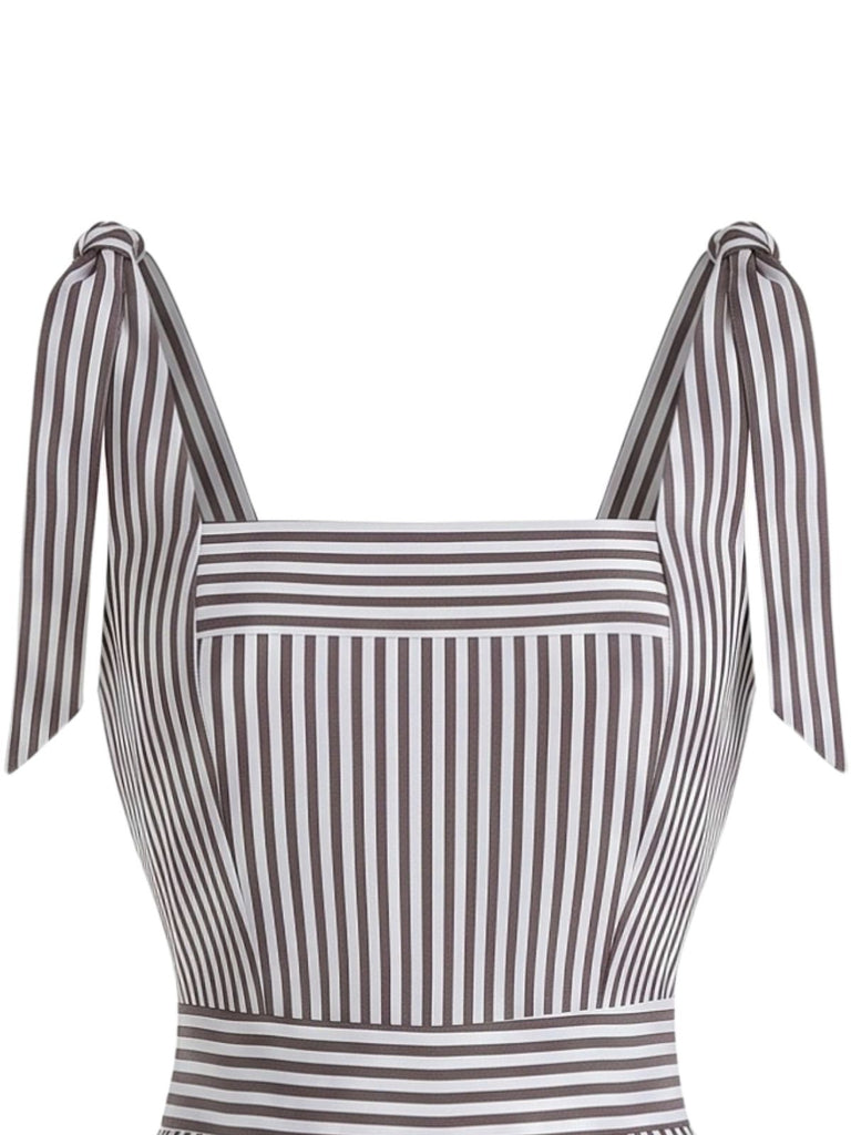 Grauer 40er Streifen-Jumpsuit mit Bindeträgern und weitem Bein