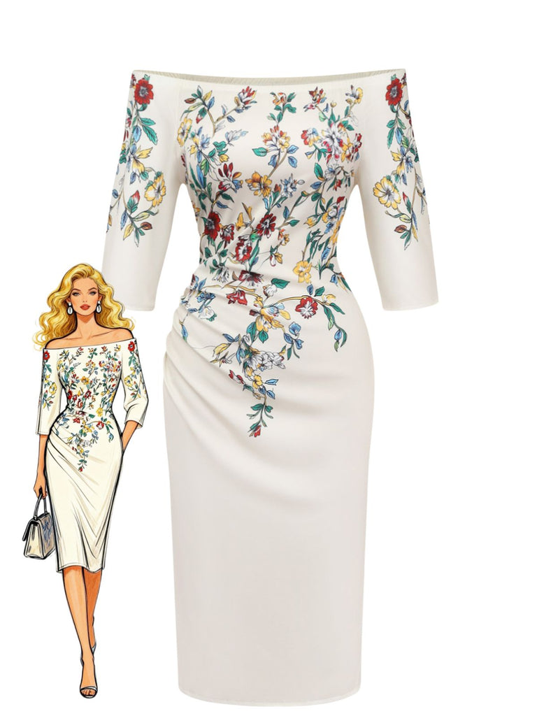 Beige 60er schulterfreies Bodycon-Kleid mit Blumen-Print