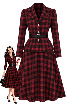 Schwarz-rotes 50er Karo-Blazer & Rock-Set mit Gürtel