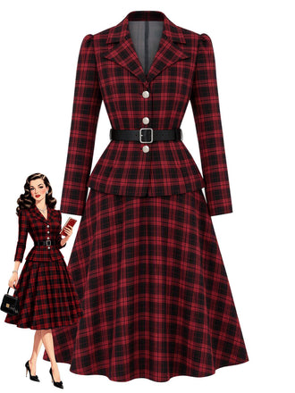 [Vorverkauf] Schwarz-rotes 50er Karo-Blazer & Rock-Set mit Gürtel