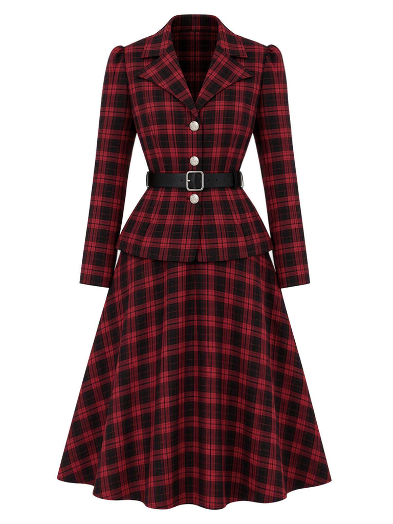 Schwarz-rotes 50er Karo-Blazer & Rock-Set mit Gürtel