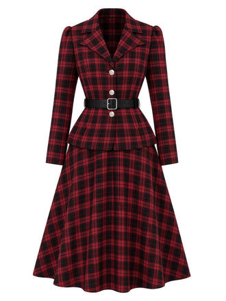 Schwarz-rotes 50er Karo-Blazer & Rock-Set mit Gürtel