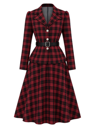 [Vorverkauf] Schwarz-rotes 50er Karo-Blazer & Rock-Set mit Gürtel