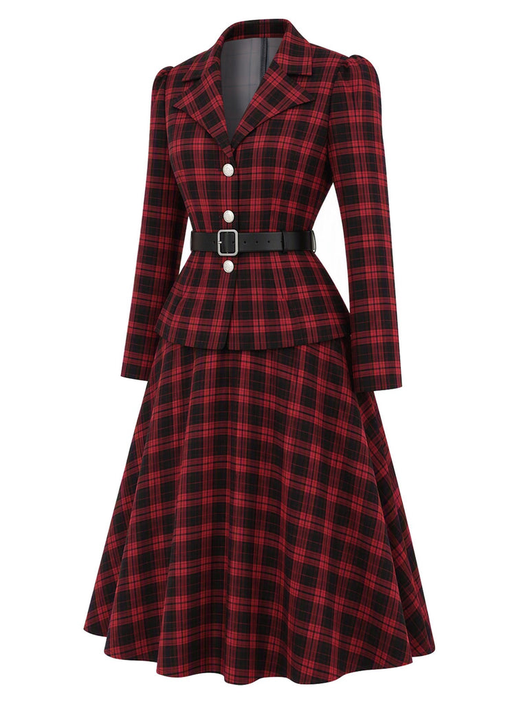 [Vorverkauf] Schwarz-rotes 50er Karo-Blazer & Rock-Set mit Gürtel