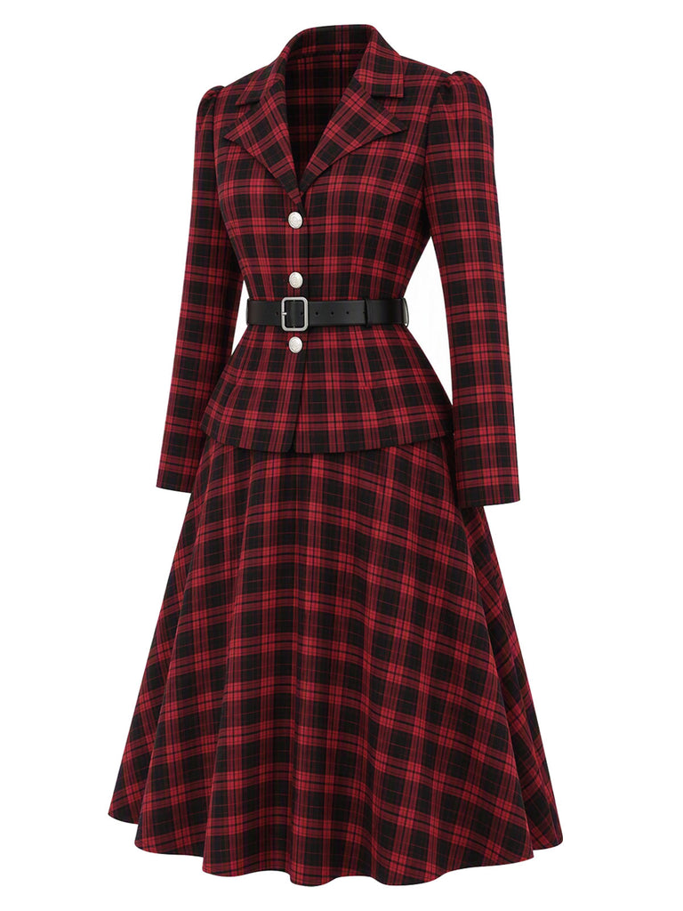 Schwarz-rotes 50er Karo-Blazer & Rock-Set mit Gürtel