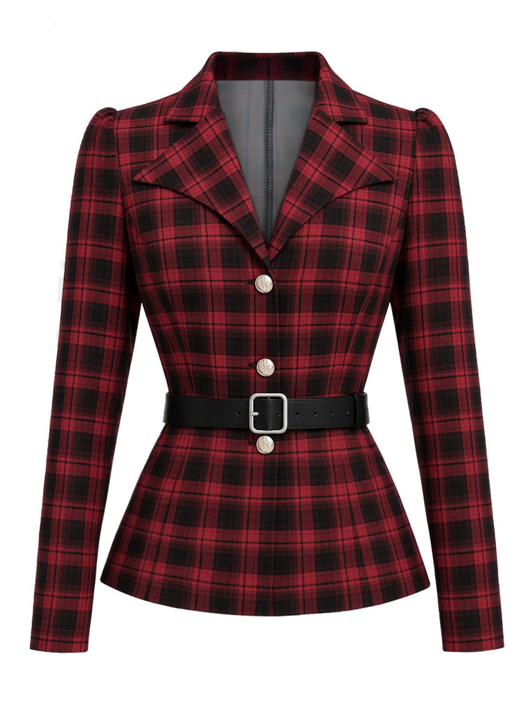 [Vorverkauf] Schwarz-rotes 50er Karo-Blazer & Rock-Set mit Gürtel