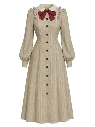 Beige 40er Kleid mit Peter-Pan-Kragen und Schleife