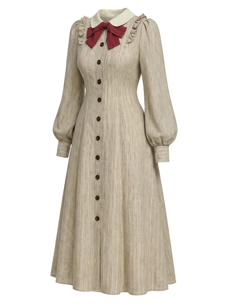 Beige 40er Kleid mit Peter-Pan-Kragen und Schleife