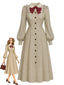 [Vorverkauf] Beige 40er Kleid mit Peter-Pan-Kragen und Schleife