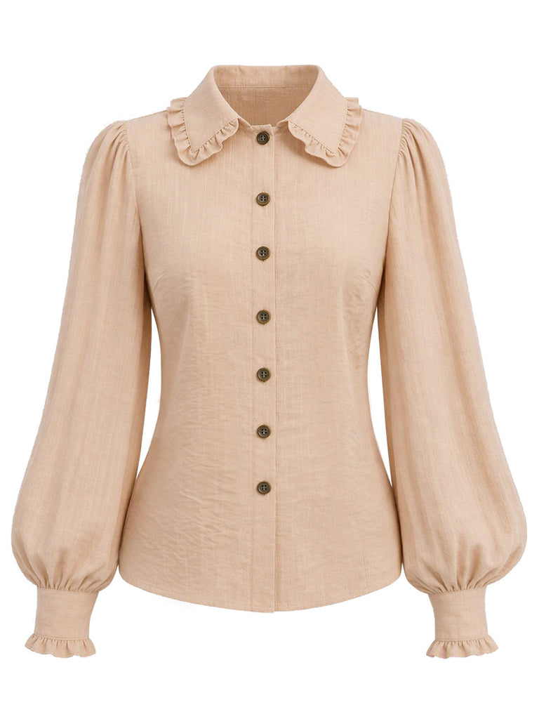 Beige 70er Bluse mit Rüschenkragen und Ballonärmeln