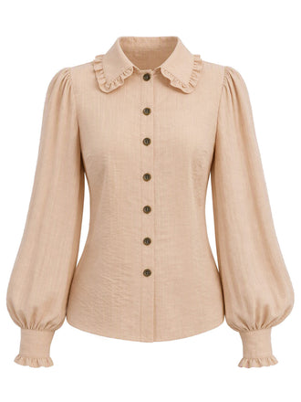 Beige 70er Bluse mit Rüschenkragen und Ballonärmeln
