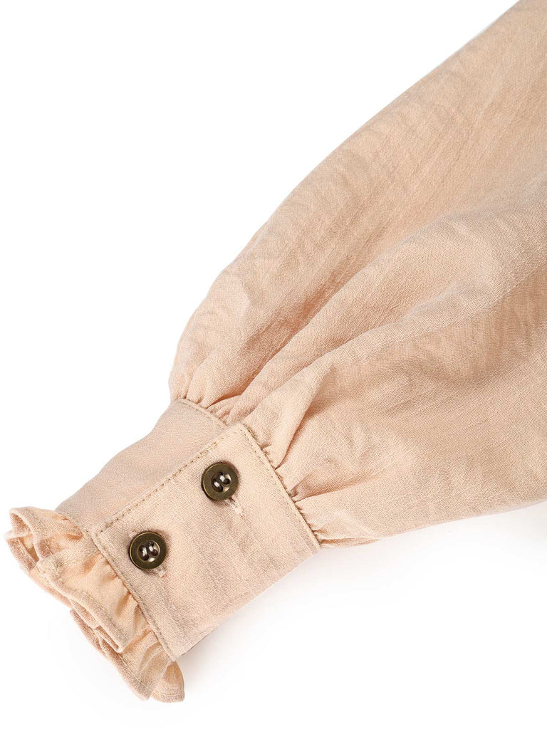 Beige 70er Bluse mit Rüschenkragen und Ballonärmeln