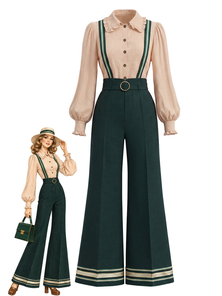 70er Bluse mit Ballonärmeln & Latzhose mit Bortenbesatz