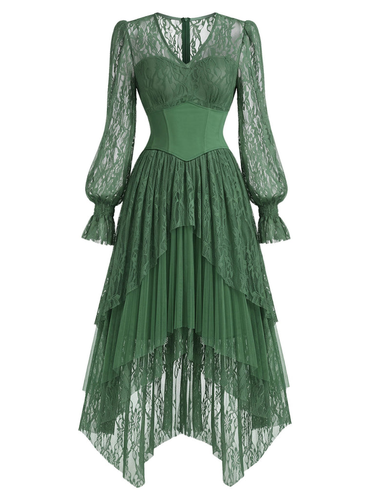 Seegrünes 70er Lagenkleid mit Spitze und asymmetrischem Saum
