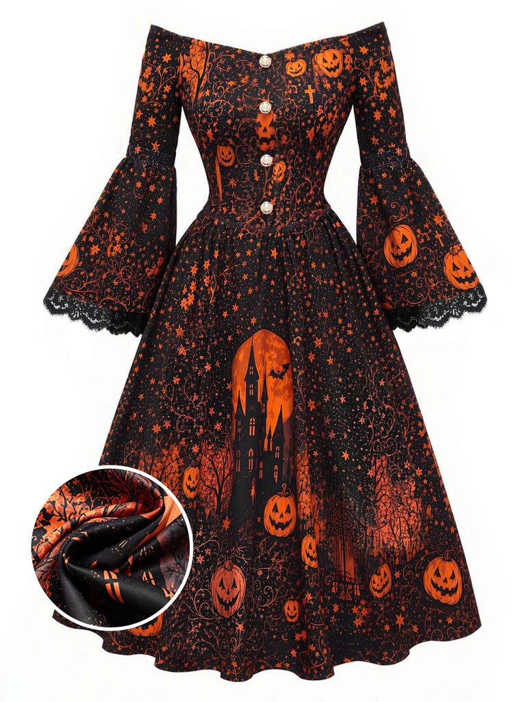 50er schulterfreies Kleid mit Kürbis-Schloss-Print und Glockenärmeln
