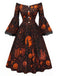 50er schulterfreies Kleid mit Kürbis-Schloss-Print und Glockenärmeln