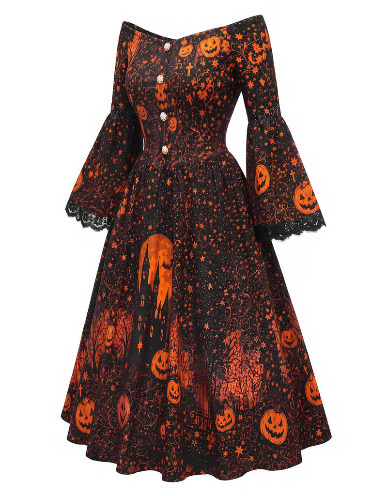 50er schulterfreies Kleid mit Kürbis-Schloss-Print und Glockenärmeln