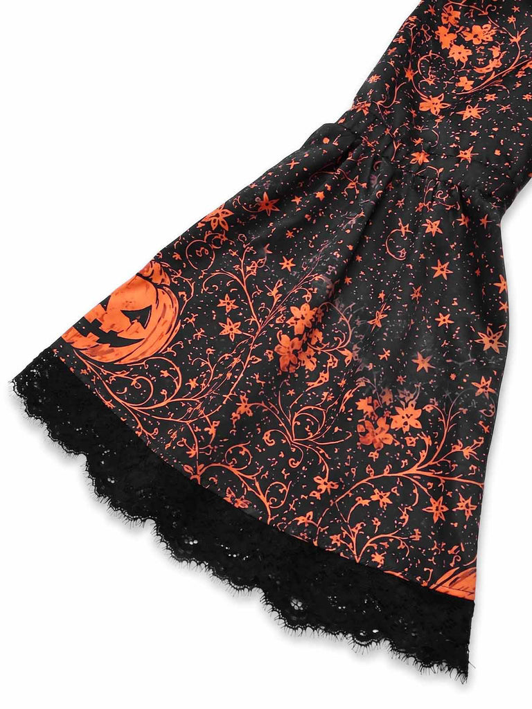 50er schulterfreies Kleid mit Kürbis-Schloss-Print und Glockenärmeln